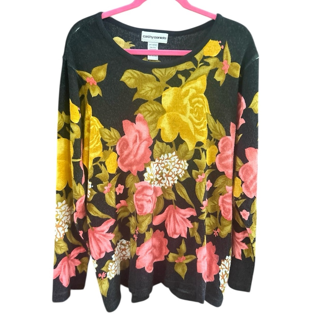 Cathy Daniel’s Black Floral Lightweight Pullover Spring Sweater Plus Size 1X